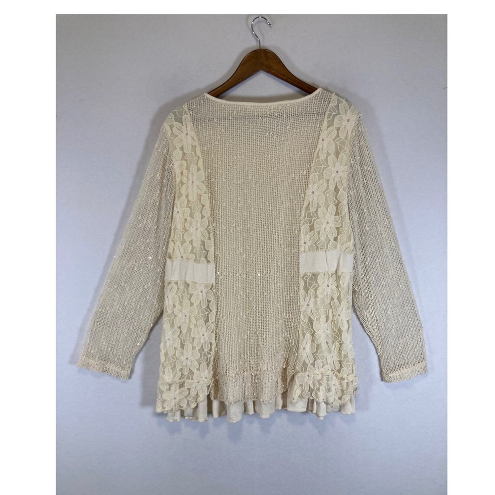 Boho Romantic Tantrums Women XXL Ivory Floral Lace Sequin Layered Ruffle Tunic - Picture 2 of 11
